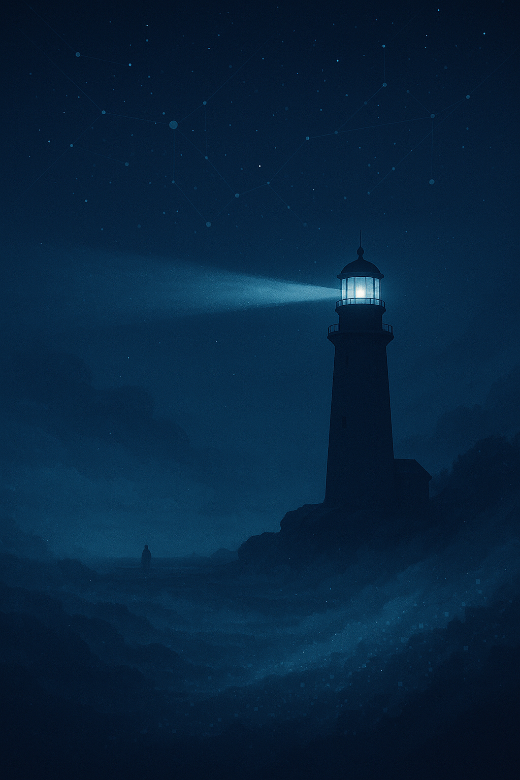 Lighthouse shining through digital fog, representing AI clarity